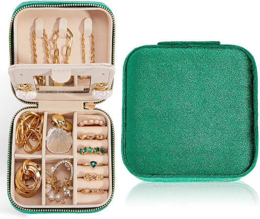 Travel Velvet Jewelry Box with Mirror, Mini Gifts Case for Women Girls, Small Portable Organizer Boxes for Rings Earrings Necklaces Bracelets