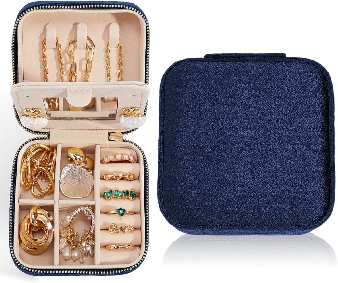 Travel Velvet Jewelry Box with Mirror, Mini Gifts Case for Women Girls, Small Portable Organizer Boxes for Rings Earrings Necklaces Bracelets