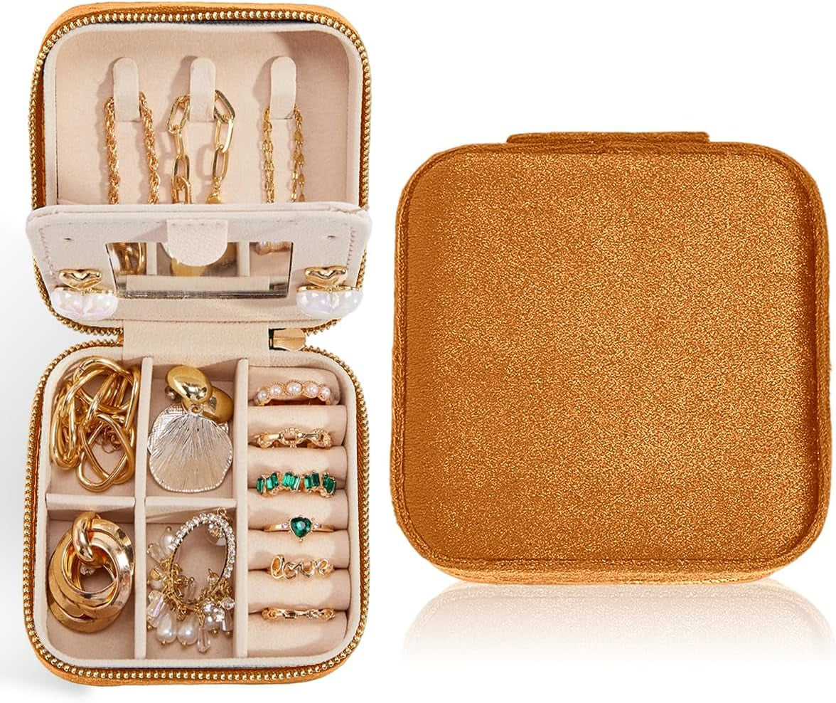 Travel Velvet Jewelry Box with Mirror, Mini Gifts Case for Women Girls, Small Portable Organizer Boxes for Rings Earrings Necklaces Bracelets