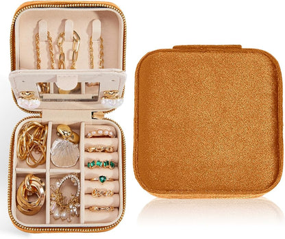 Travel Velvet Jewelry Box with Mirror, Mini Gifts Case for Women Girls, Small Portable Organizer Boxes for Rings Earrings Necklaces Bracelets