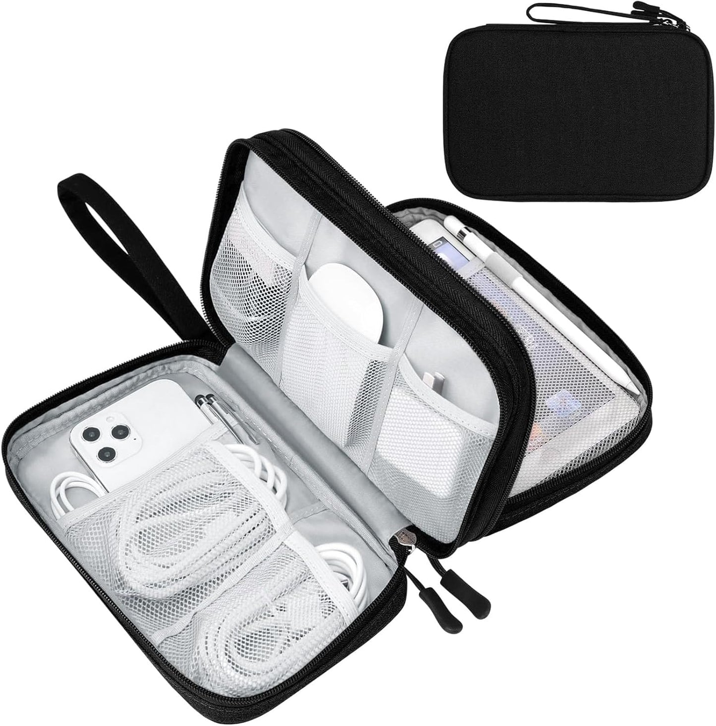 Travel Cable Organizer Pouch Electronic Accessories Carry Case Portable Waterproof Double Layers All-In-One Storage Bag for Cord, Charger, Phone, Earphone Black