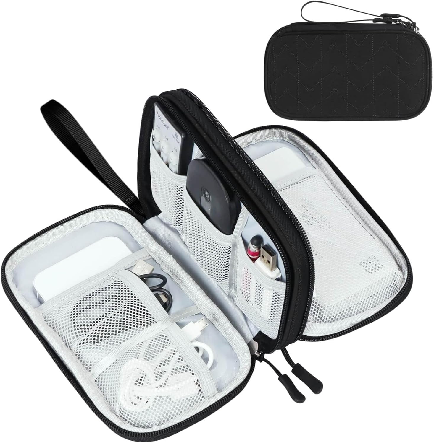 Travel Cable Organizer Pouch Electronic Accessories Carry Case Portable Waterproof Double Layers All-In-One Storage Bag for Cord, Charger, Phone, Earphone Black