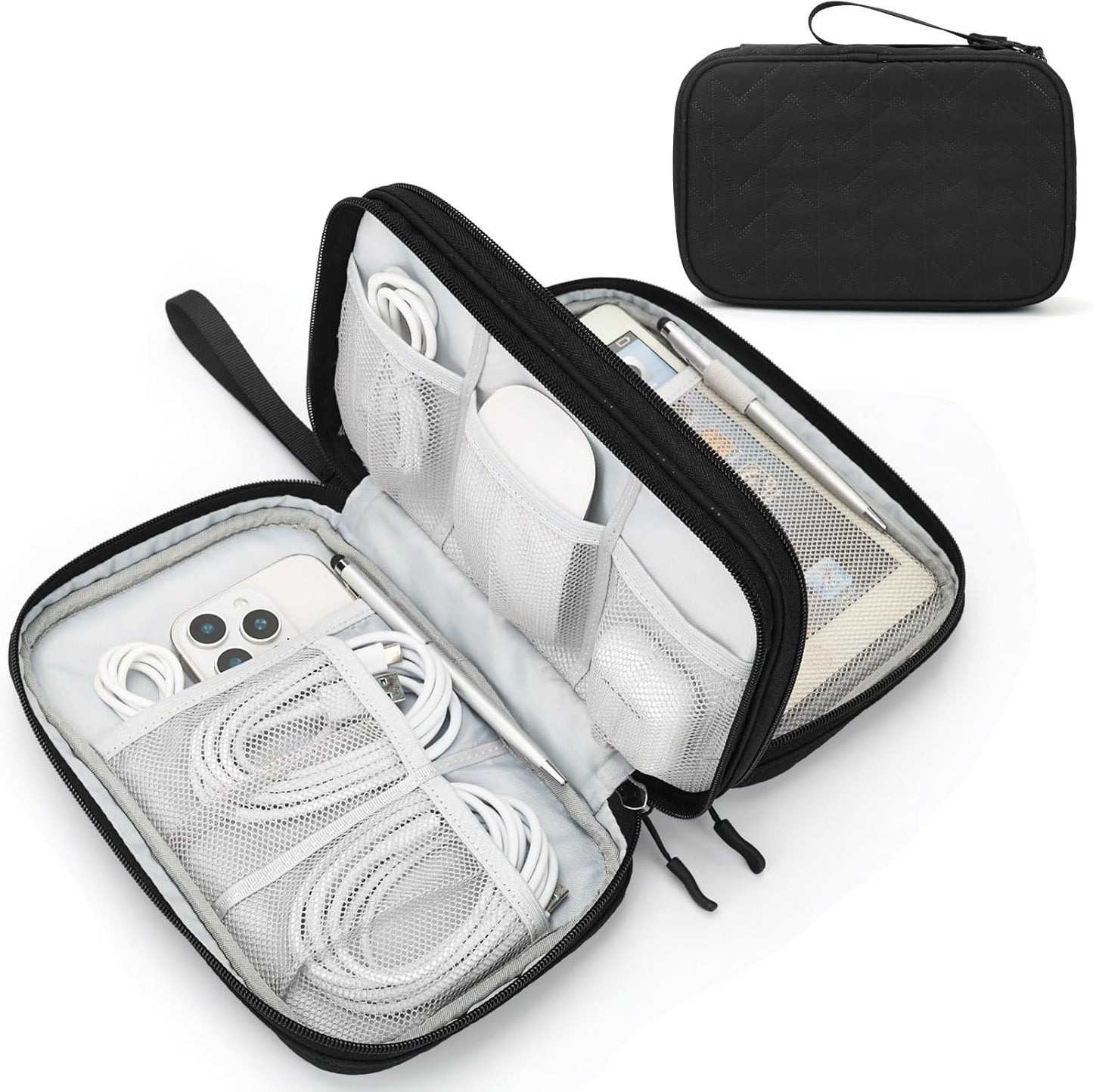 Travel Cable Organizer Pouch Electronic Accessories Carry Case Portable Waterproof Double Layers All-In-One Storage Bag for Cord, Charger, Phone, Earphone Black