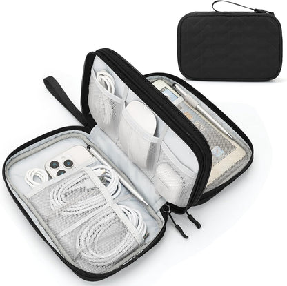 Travel Cable Organizer Pouch Electronic Accessories Carry Case Portable Waterproof Double Layers All-In-One Storage Bag for Cord, Charger, Phone, Earphone Black
