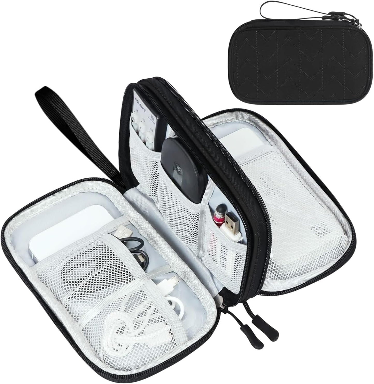 Travel Cable Organizer Pouch Electronic Accessories Carry Case Portable Waterproof Double Layers All-In-One Storage Bag for Cord, Charger, Phone, Earphone Black