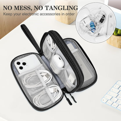 Travel Cable Organizer Pouch Electronic Accessories Carry Case Portable Waterproof Double Layers All-In-One Storage Bag for Cord, Charger, Phone, Earphone Black