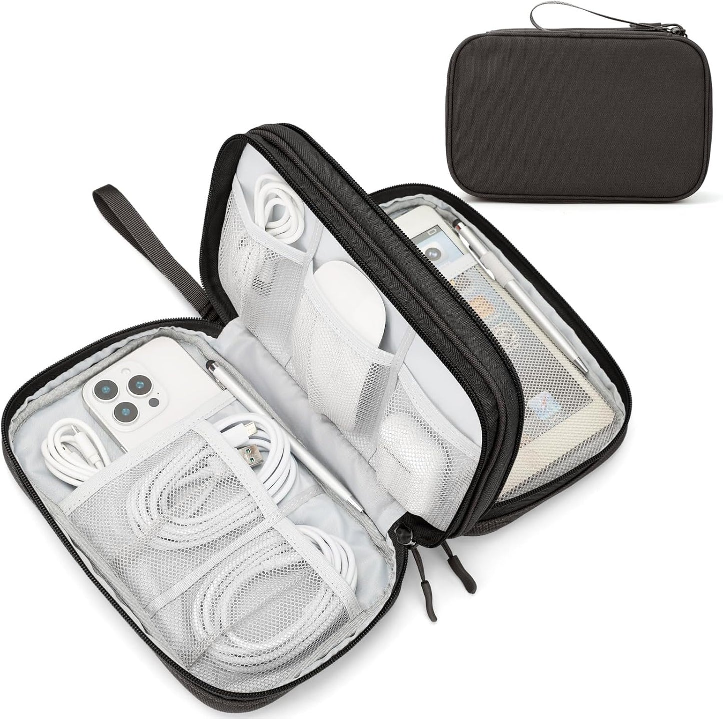 Travel Cable Organizer Pouch Electronic Accessories Carry Case Portable Waterproof Double Layers All-In-One Storage Bag for Cord, Charger, Phone, Earphone Black