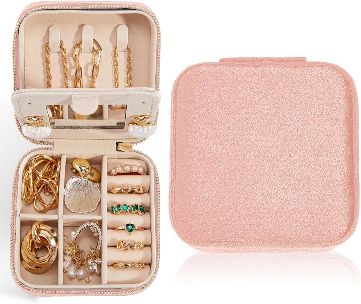Travel Velvet Jewelry Box with Mirror, Mini Gifts Case for Women Girls, Small Portable Organizer Boxes for Rings Earrings Necklaces Bracelets