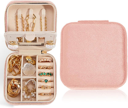 Travel Velvet Jewelry Box with Mirror, Mini Gifts Case for Women Girls, Small Portable Organizer Boxes for Rings Earrings Necklaces Bracelets