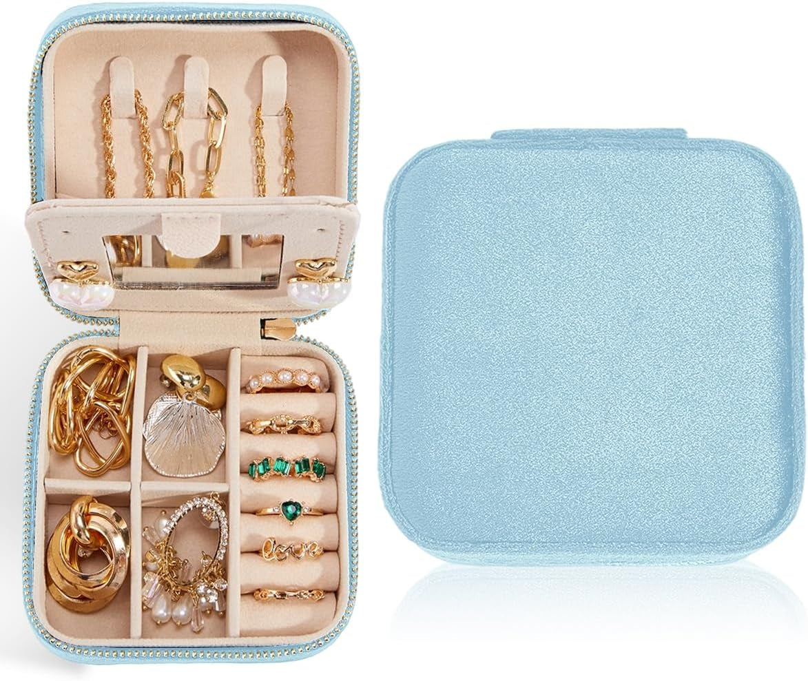 Travel Velvet Jewelry Box with Mirror, Mini Gifts Case for Women Girls, Small Portable Organizer Boxes for Rings Earrings Necklaces Bracelets
