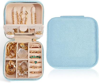 Travel Velvet Jewelry Box with Mirror, Mini Gifts Case for Women Girls, Small Portable Organizer Boxes for Rings Earrings Necklaces Bracelets